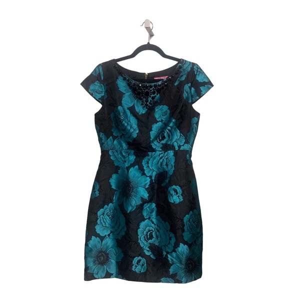 VINTAGE ELIZA J. BLACK & TEAL-BLUE BOAT NECK EMBELLISHED JACQUARD  RHINESTONE - Picture 13 of 16